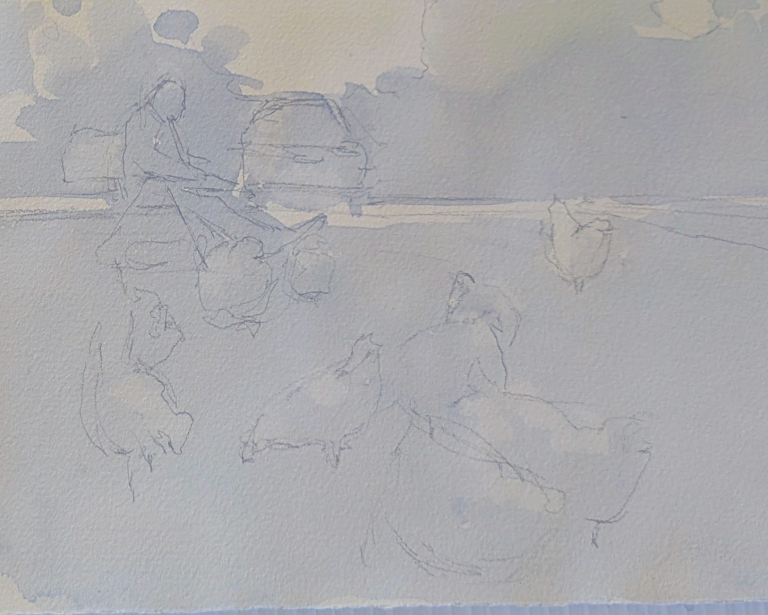 Close view of Patty's Payne's Gray value study with a pale connected wash surrounding the saved light shapes of the chickens and seated figure