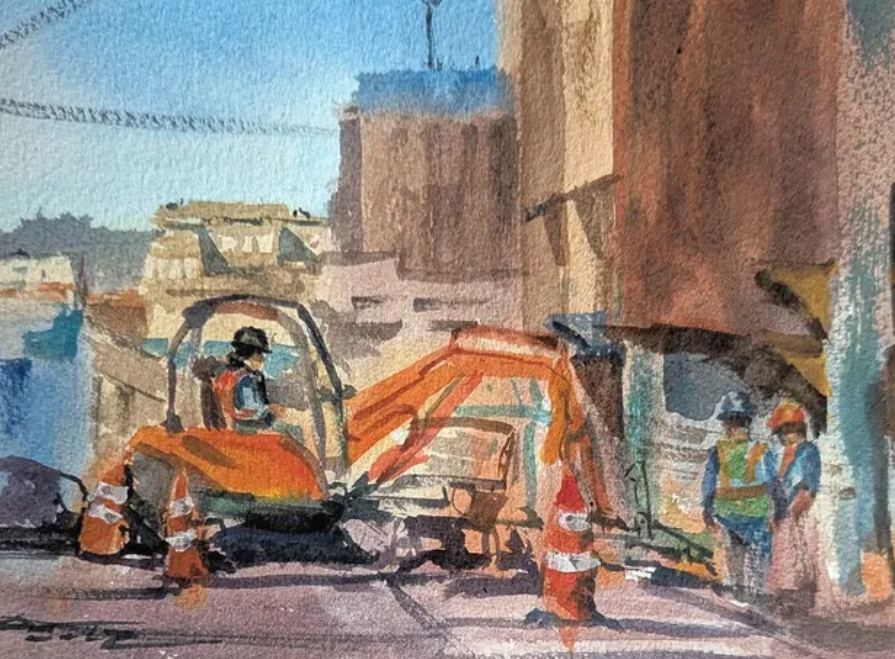 Patty’s approximately 9 by 5 inch watercolor study of construction workers and heavy equipment