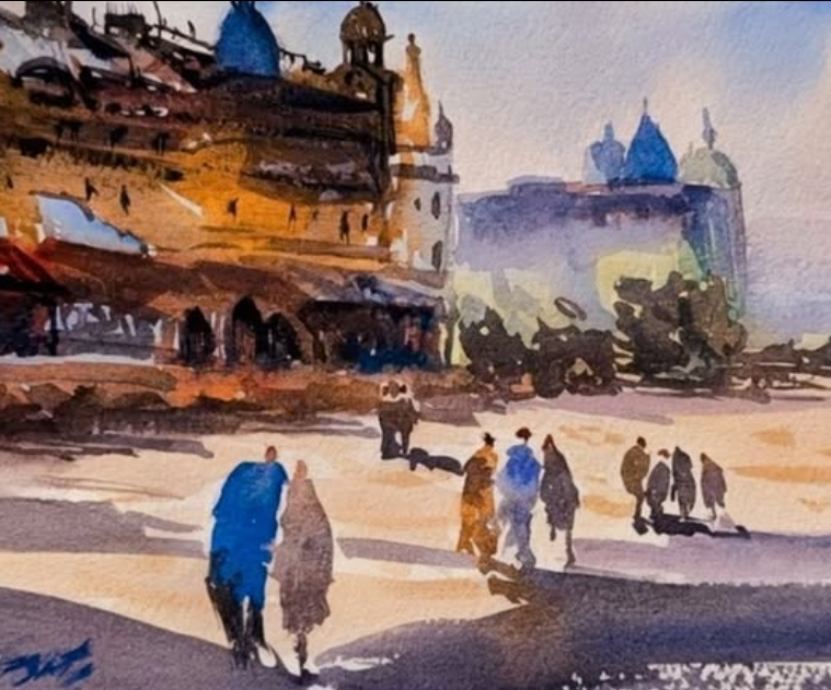 Patty’s watercolor plaza scene with groups of simplified figures receding into the distance