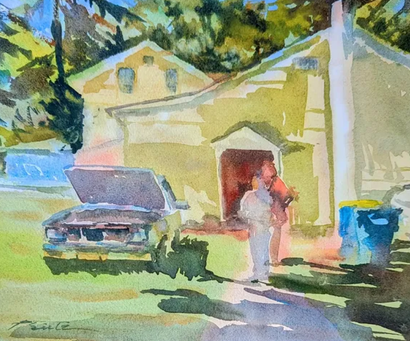 Patty’s watercolor scene of a person standing near a car and garage in brilliant sunlight