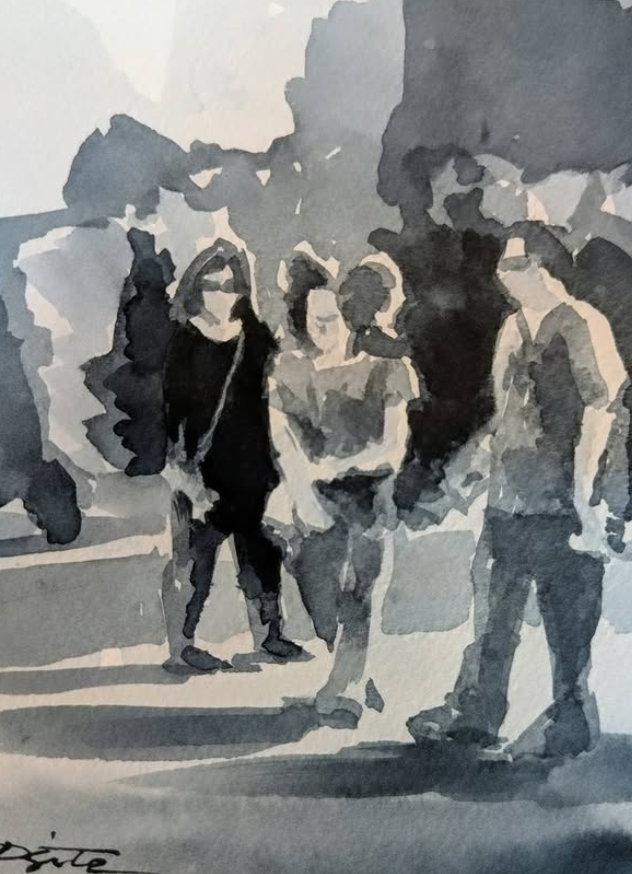 Patty’s monochrome watercolor value study of a simplified group of people