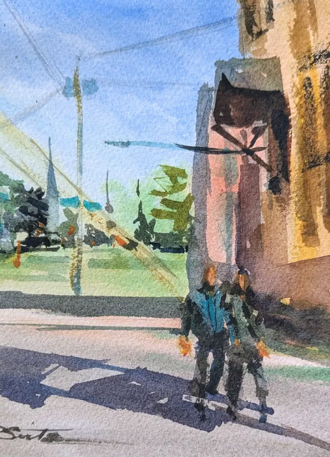 Patty’s 10 by 7 inch watercolor study of two people walking in strong sunlight
