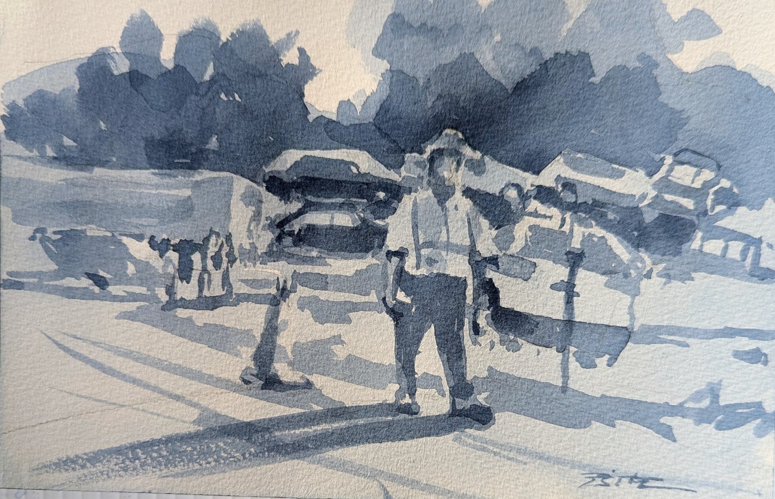 My original Payne’s Gray value study of a standing figure among parked cars in strong sunlight