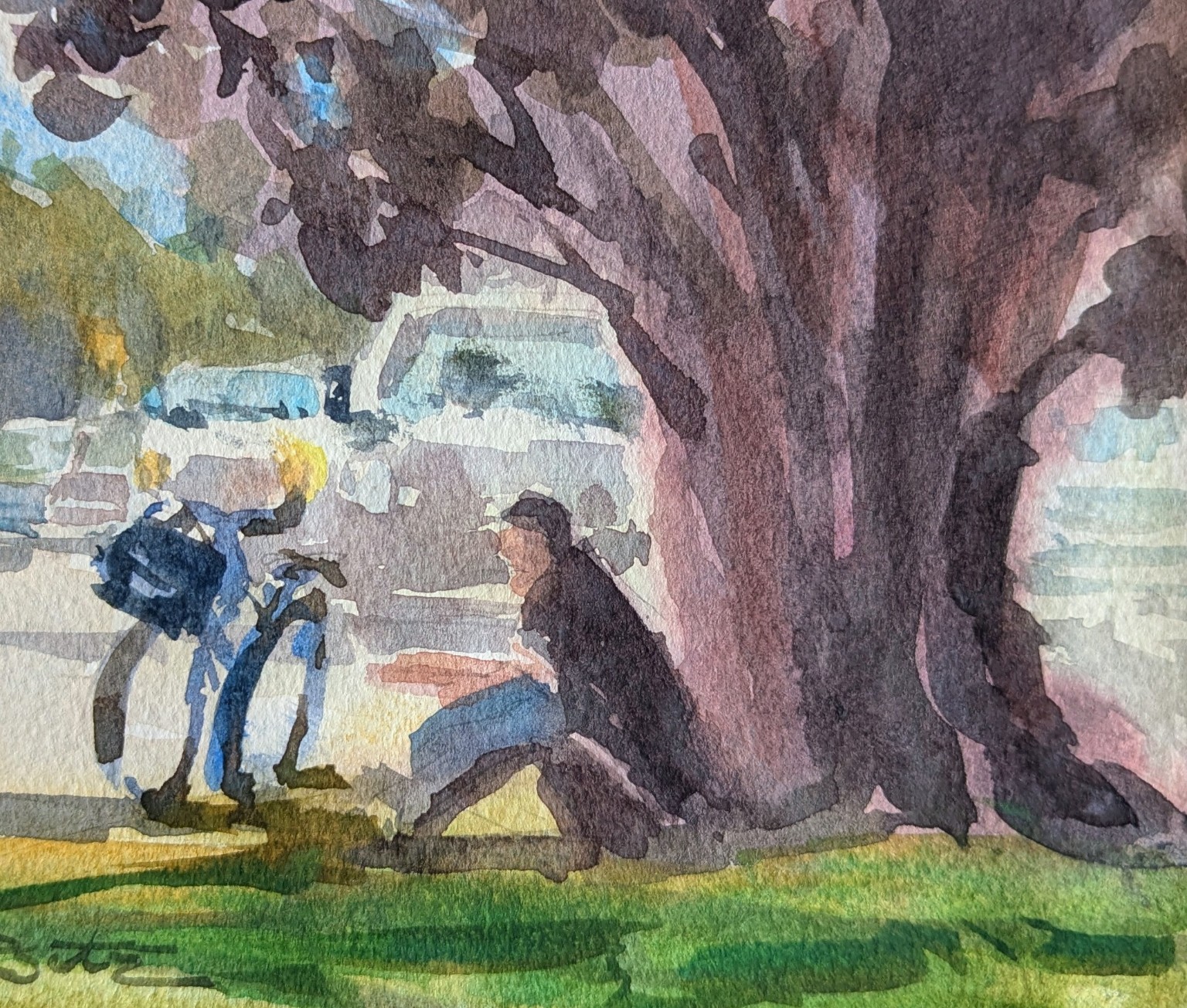 My finished watercolor of a seated man beneath a large tree beside his bicycle, with simplified traffic behind him