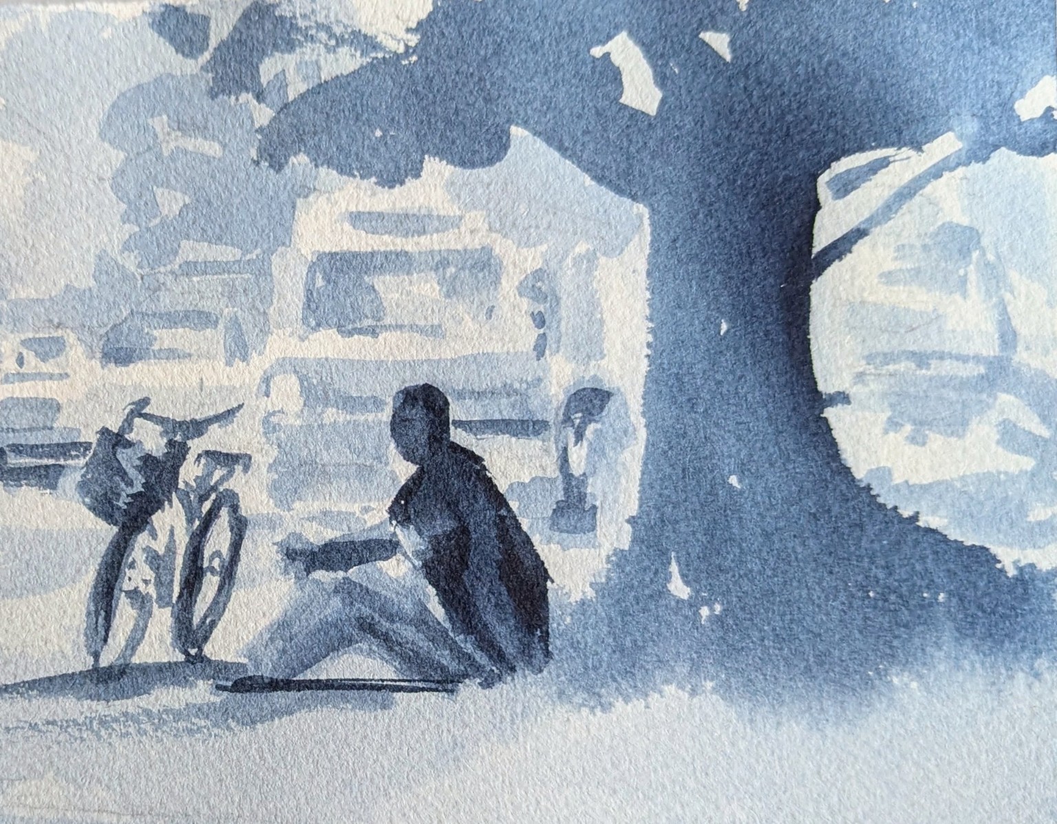 My blue-gray three-value watercolor study of the seated man, bicycle, traffic, and large tree