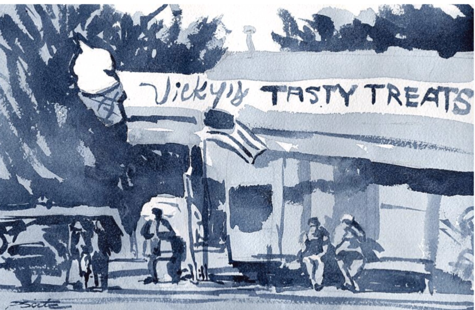 Original three-value watercolor study of Vicky's Tasty Treats by Patricia Elliott Seitz