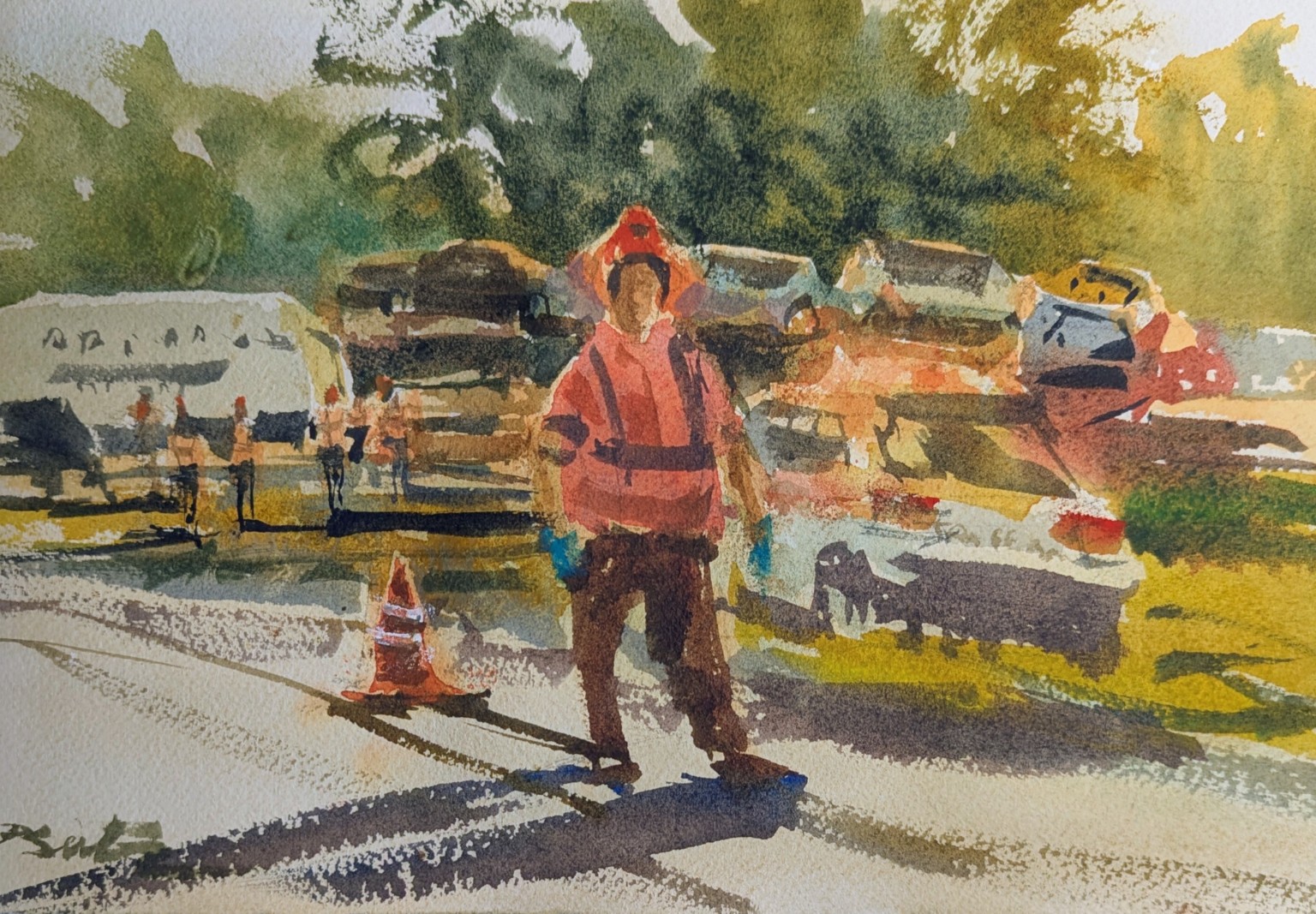 My approximately 9 by 6 inch color watercolor study of a worker standing among parked vehicles in strong sunlight
